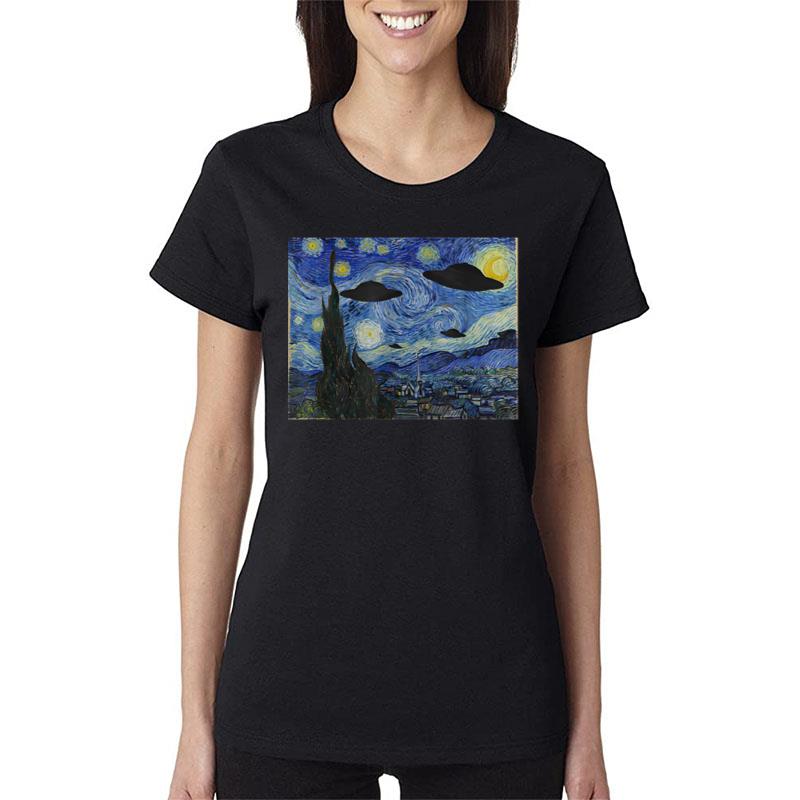 Ufo Alien Abduction Starry Night Van Gogh Painting Women T-Shirt