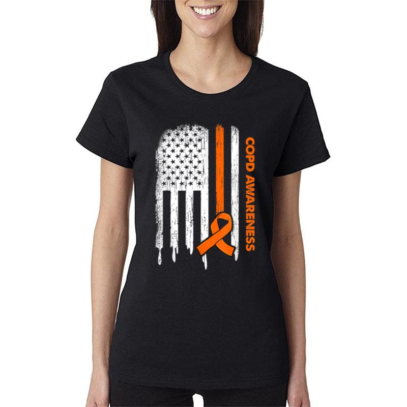 Usa Flag Orange Ribbon Copd Awareness Women T-Shirt