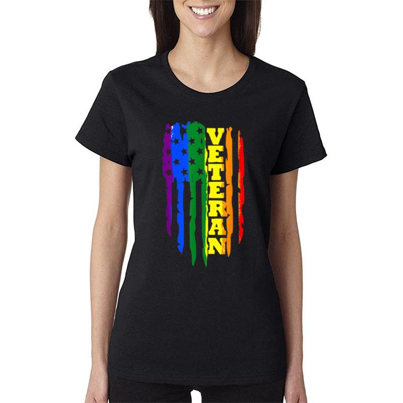 Veteran Lgbt Gay Pride Rainbow American Flag Military Women T-Shirt