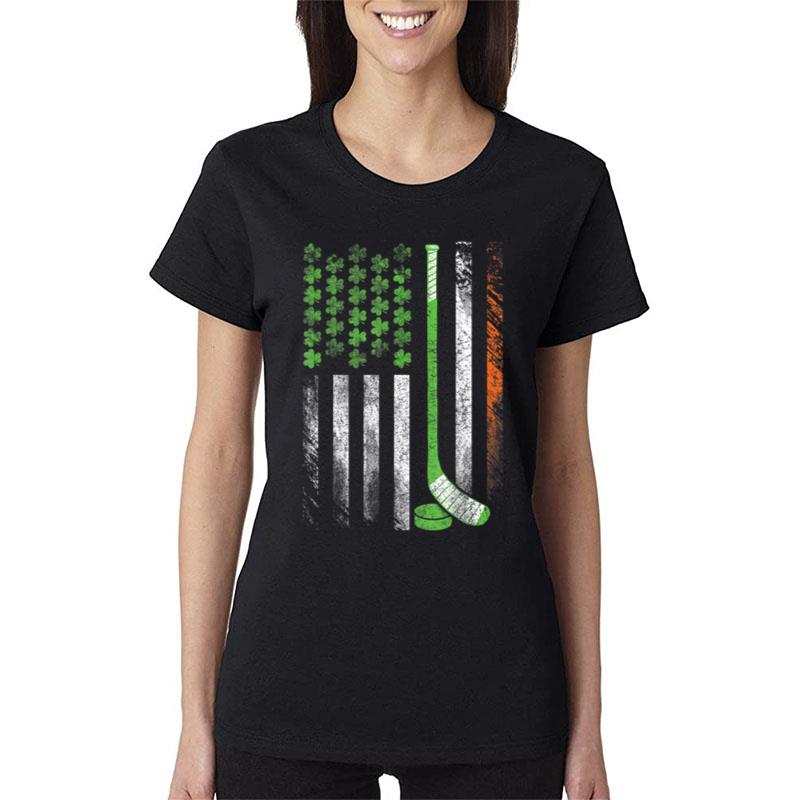 Vintage Hockey St Patricks Day American Flag Shamrock Women T-Shirt