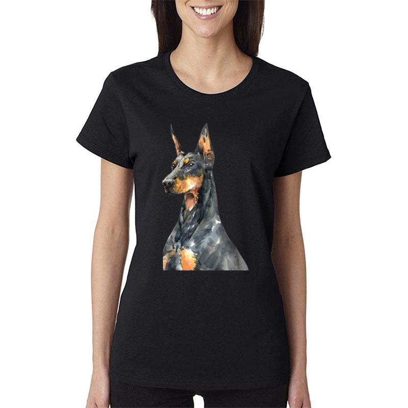 Watercolor Portrait Doberman Pinscher For Dog Owners Women T-Shirt