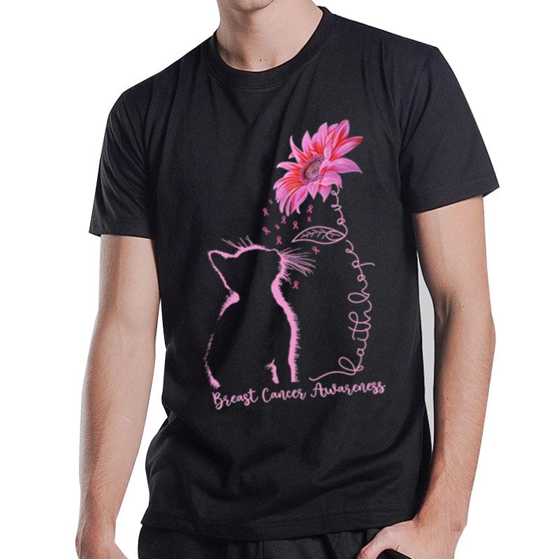 Cat Flower Dandelion Breast Cancer Awareness T-Shirt