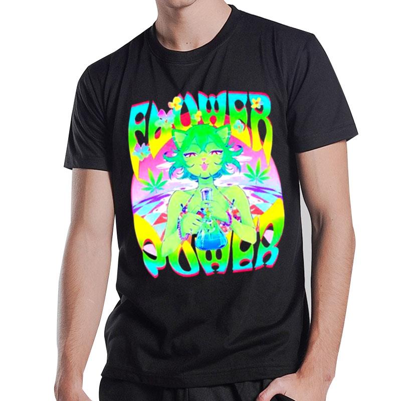 Cat Girl Smoking Weed Flower Power T-Shirt