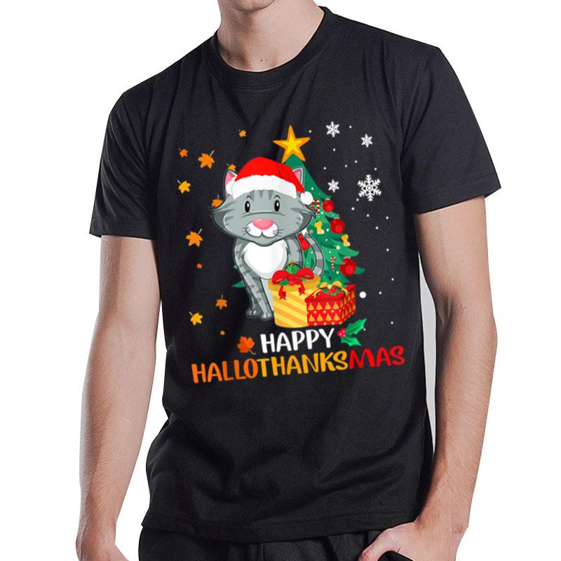 Cat Halloween Christmas Happy Hallothanksmas Thanksgiving T-Shirt