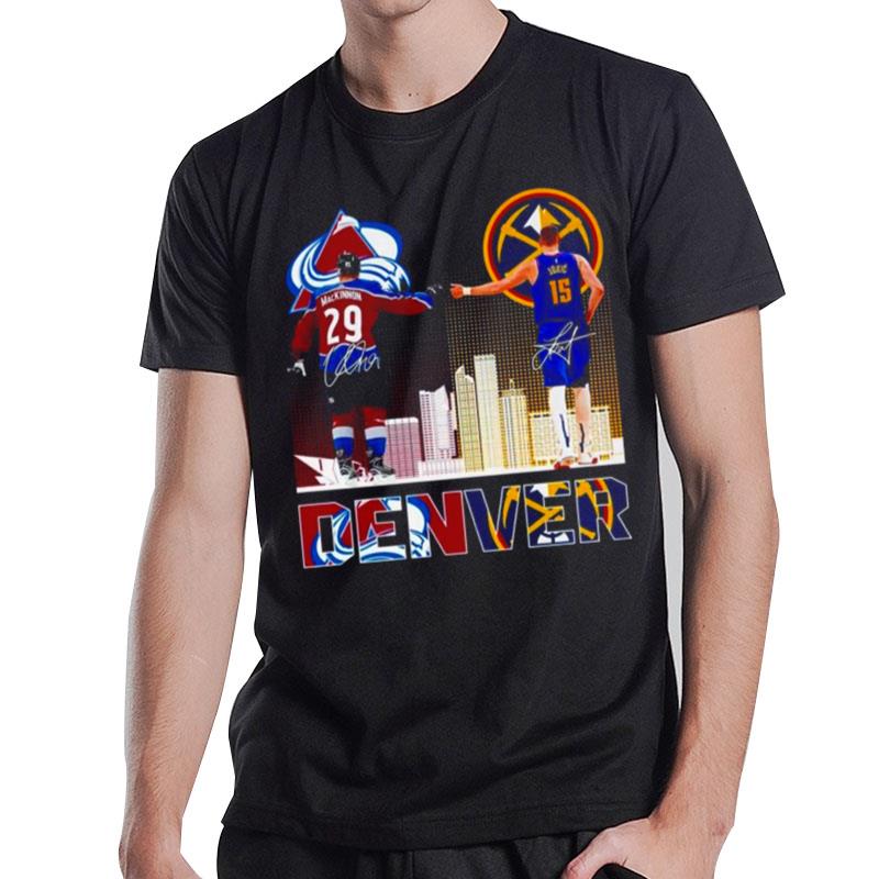 Denver City Skyline n'than Mackinnon And Nikola Jokic Sign'tures T-Shirt