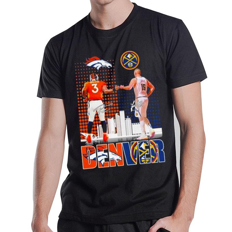 Denver City Skyline Russell Wilson Vs Nikola Jokic Sign'tures New T-Shirt