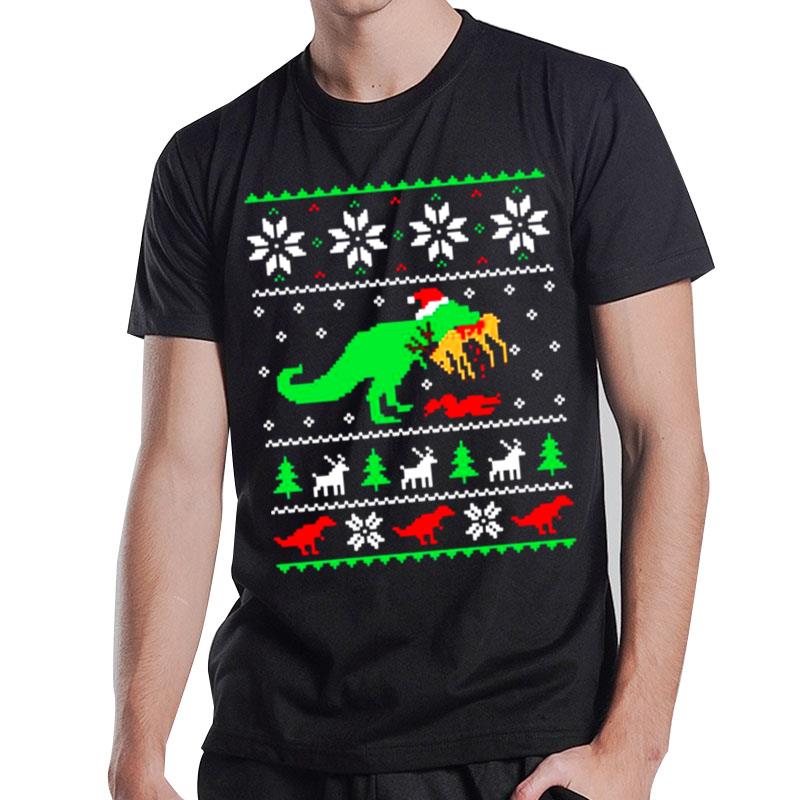 Dinosaur Eating Reindeer Funny Christmas T-Shirt