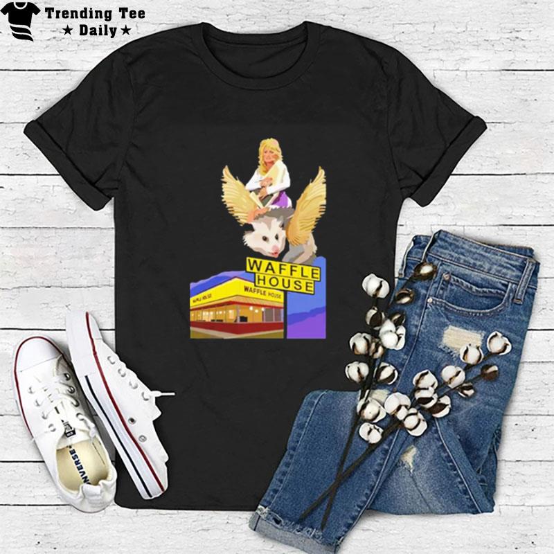 Dolly Parton Riding A Winged Possum Over Waffle House Retro T-Shirt