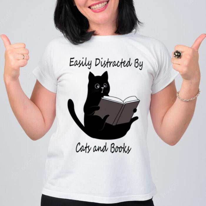 Easily Distracted By Cats And Books Cute Cat Gif T-Shirt