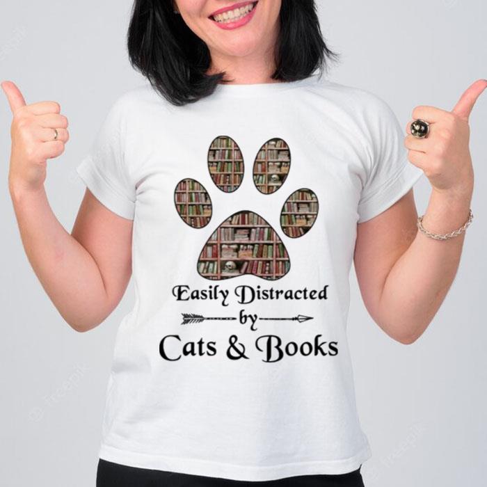 Easily Distracted By Cats Paw And Books T-Shirt