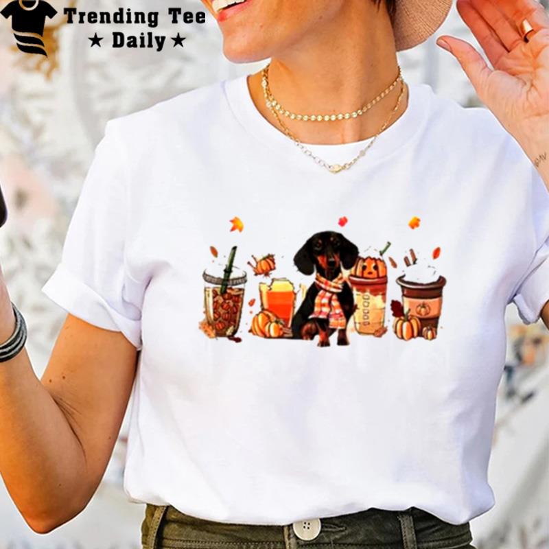 Fall Coffee Pumpkin Spice Latte Iced Autumn Dachshund T-Shirt