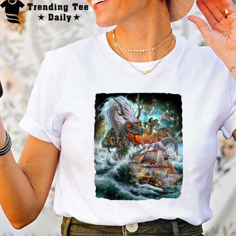 Fantasy Dragon As Kraken Attack A War Ship At High Seas T-Shirt