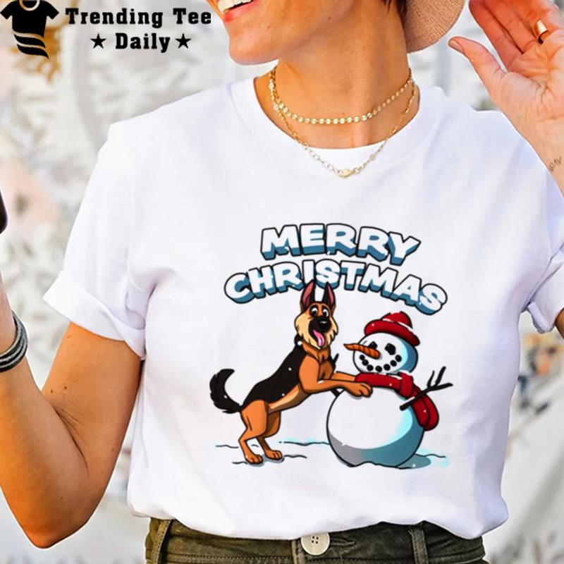 German Shepherd And Snowman Fitted Merry Christmas T-Shirt