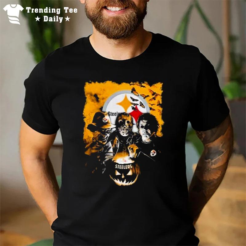 Michael Myers Jason Voorhees And Freddy Krueger Pumpkin PIt'sburgh Steelers Halloween T-Shirt