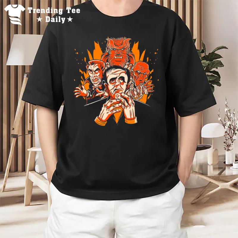 Mon'ter Dudes Parod Halloween Horror Movie Wolfman Dracula Mummy Franken'tein T-Shirt