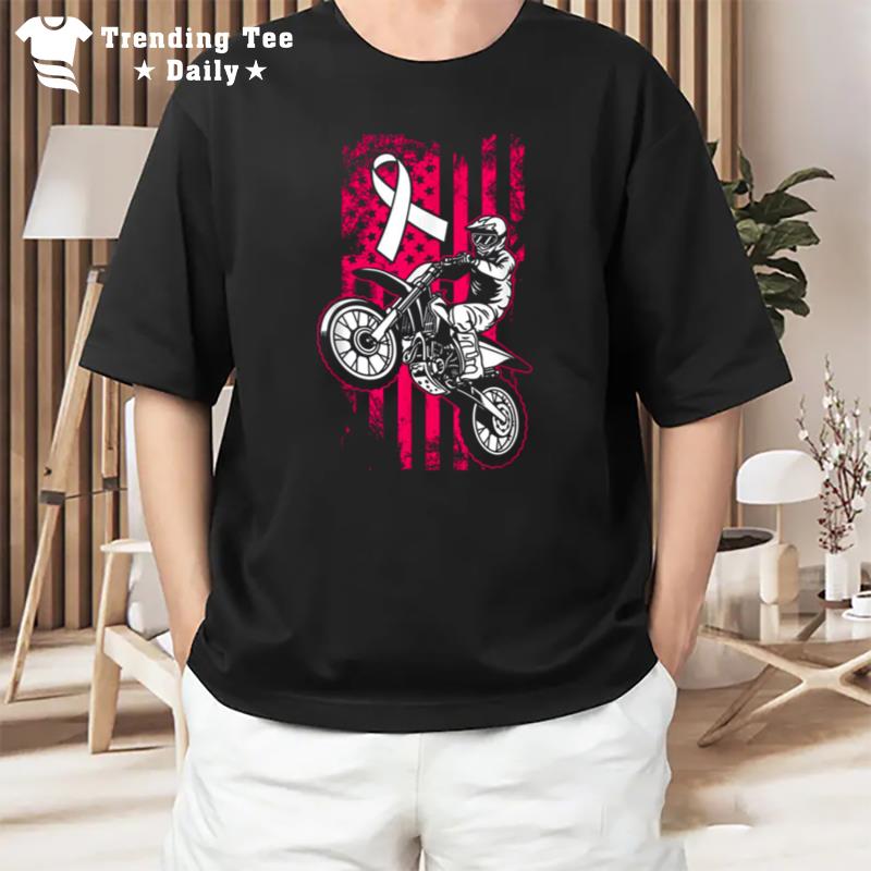 Motocross American Flag Breast Cancer Awareness T-Shirt