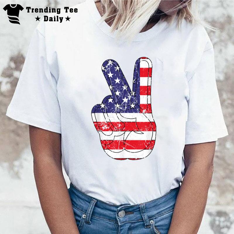 American Flag Peace Sign Hand T Fourth Of July T-Shirt