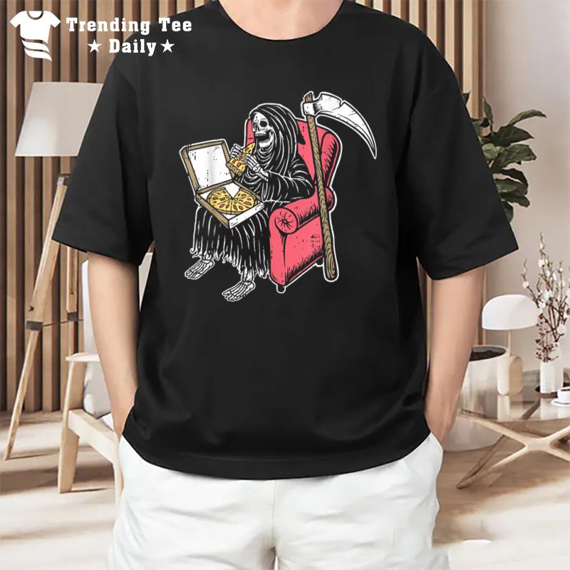 Grim Reaper Eating Pizza Halloween Costume Funny Skeleton T-Shirt