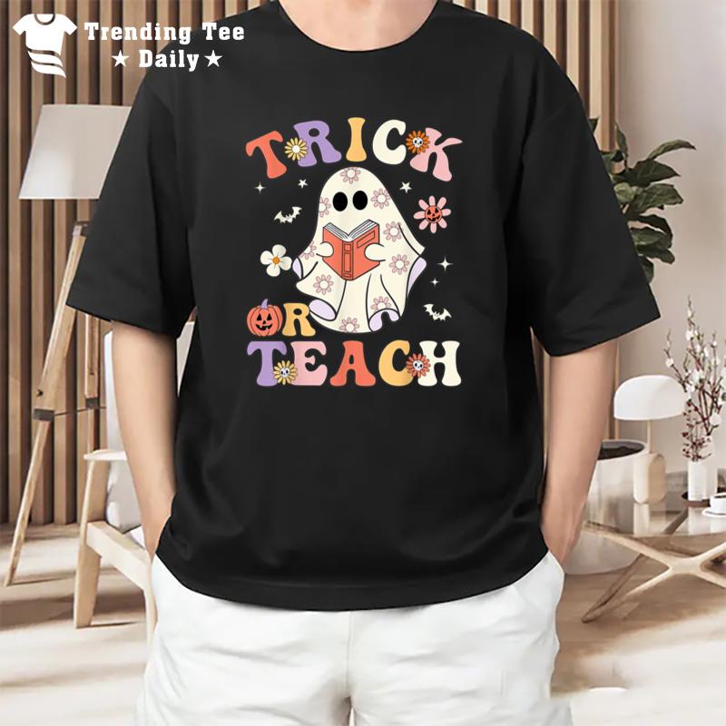 Groovy Teacher Halloween Trick Or Teach Retro Floral Ghost T-Shirt