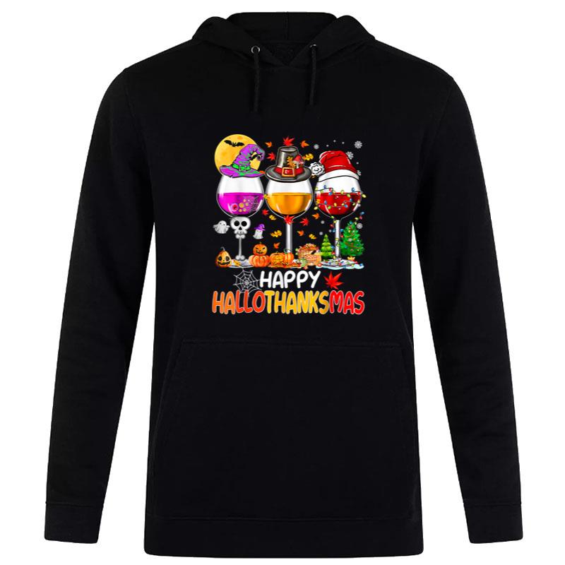 Happy Hallothanksmas Wine Glasses Witch Santa Hat Pumpkin Hoodie