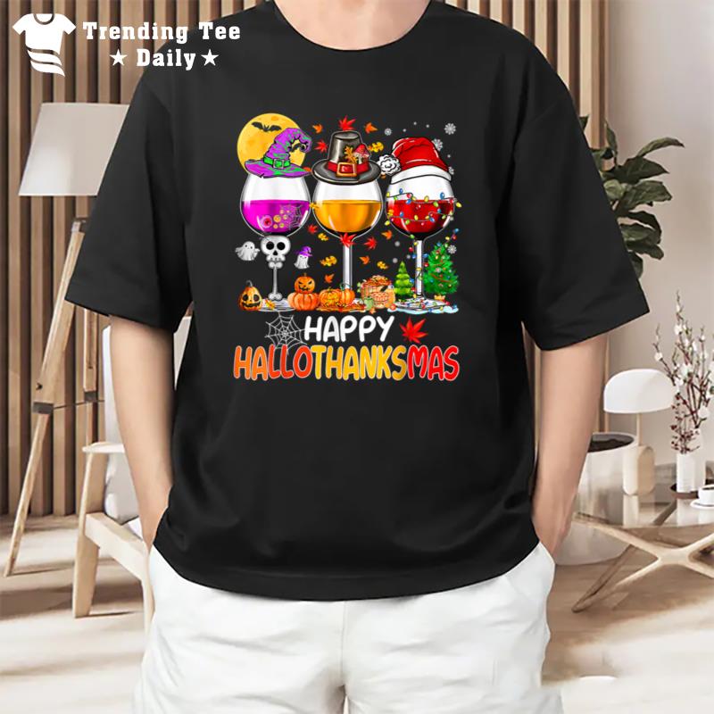 Happy Hallothanksmas Wine Glasses Witch Santa Hat Pumpkin T-Shirt