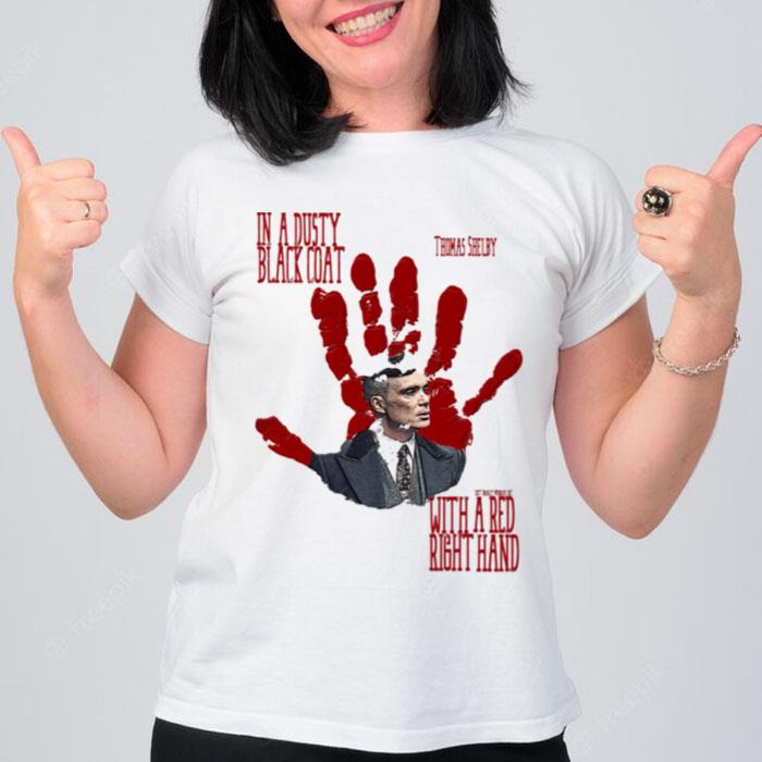 In A Dusty Black Coat With A Red Right Hand Peaky Blinders T-Shirt