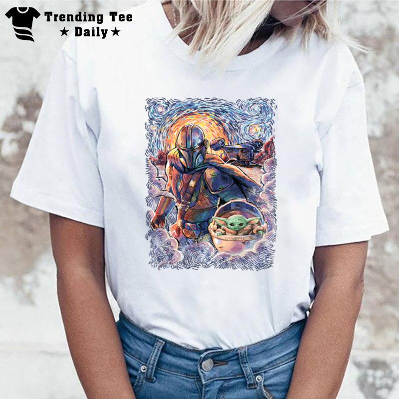 Kids Star Wars The Mandalorian & Grogu Starry Night Van Gogh T-Shirt