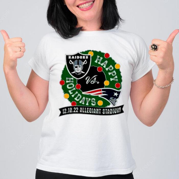 Las Vegas Raiders Vs New England Patriots Happy Holidays 12 18 2022 Allegiant Stadium T-Shirt