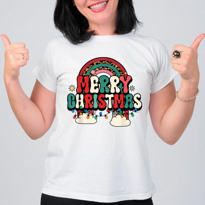 Leopard Rainbow Merry Christmas Lights Family Xmas Holiday T-Shirt