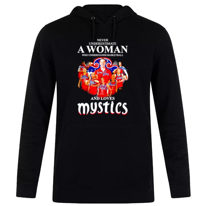 Never Underestimate A Woman Who Understands Basketball And Loves Mystics Signatures Hoodie