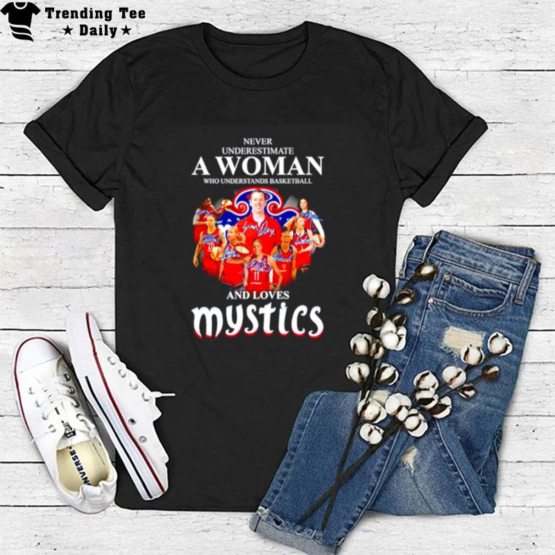 Never Underestimate A Woman Who Understands Basketball And Loves Mystics Signatures T-Shirt