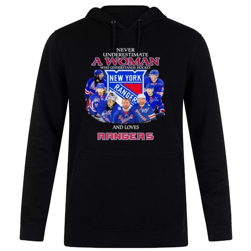 Never Underestimate A Woman Who Understands Hockey And Love New York Rangers 2023 Signatures Hoodie