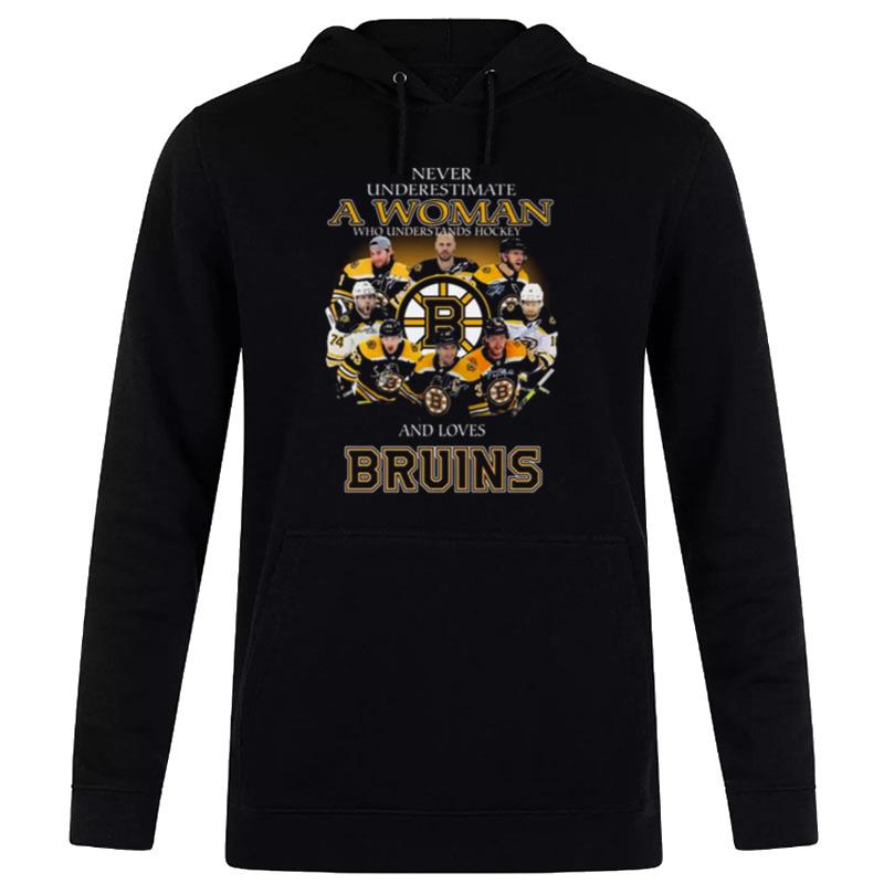 Never Underestimate A Woman Who Understands Hockey And Loves Boston Bruins Team Signatures Hoodie