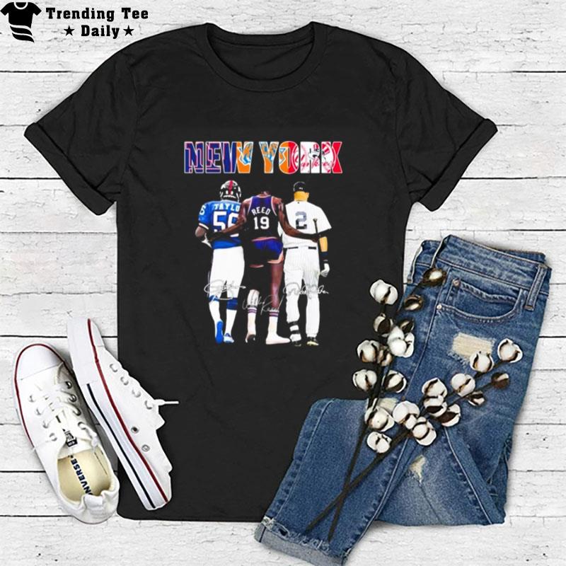 New York Sport Lawrence Taylor Willis Reed And Derek Jeter Signatures T-Shirt