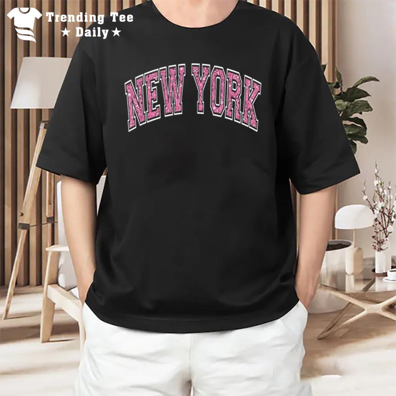 New York Varsity Style Pink Paisley Pattern Text T-Shirt