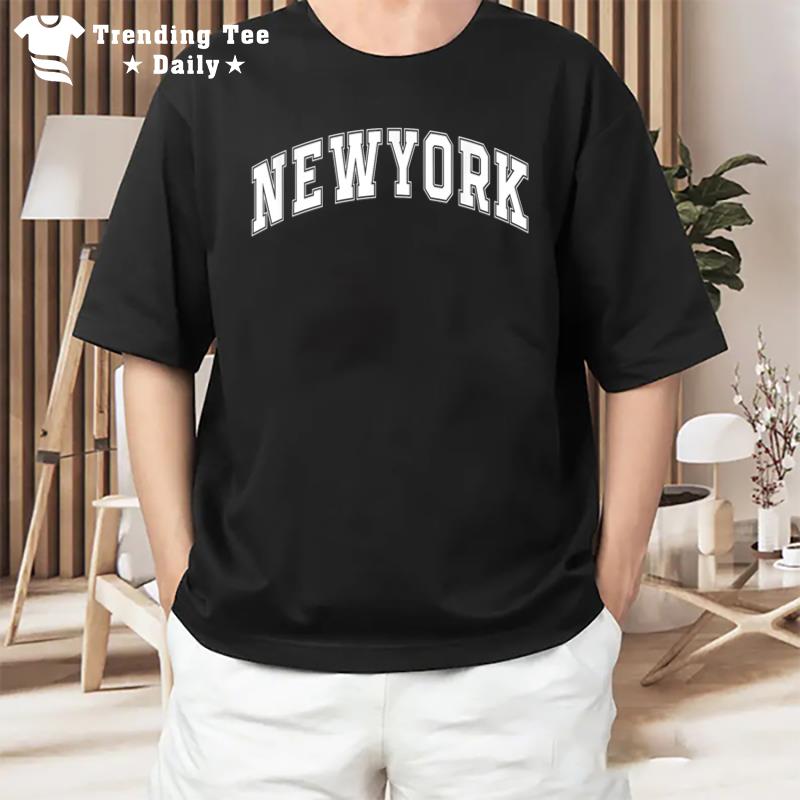 New York Varsity Style White Text With Black Outline T-Shirt