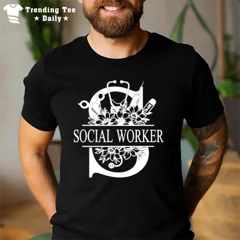 Nurse Split Floral Frame Social Worker T-Shirt