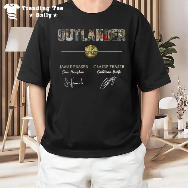 Outlander Jamie Fraser Sam Heughan Claire Fraser Caitriona Balfe Autographed T-Shirt