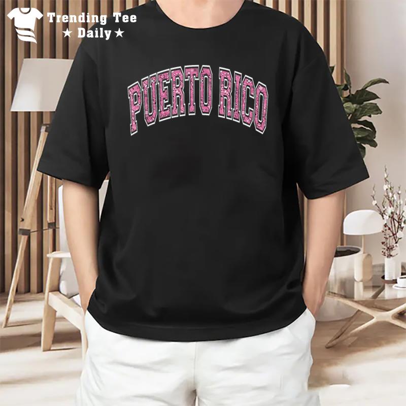 Puerto Rico Varsity Style Pink Paisley Pattern Text T-Shirt