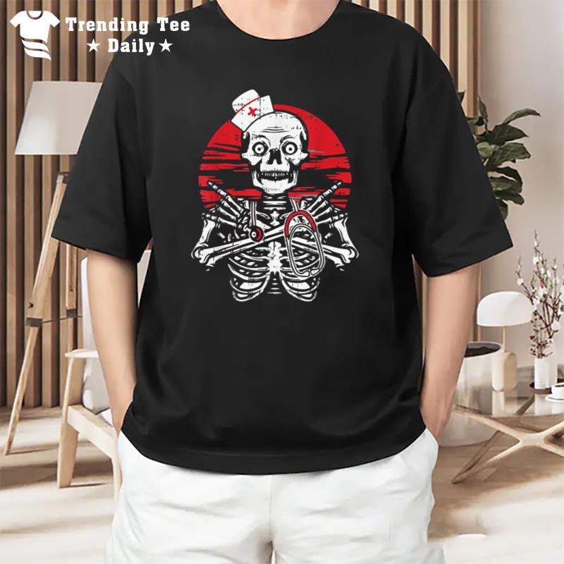 Skeleton Nurse Halloween Costume Funny Retro Skull T-Shirt