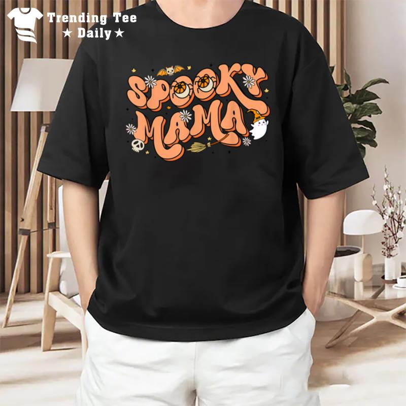 Spooky Mama Trick Or Treat Halloween Women Retro Groovy T-Shirt