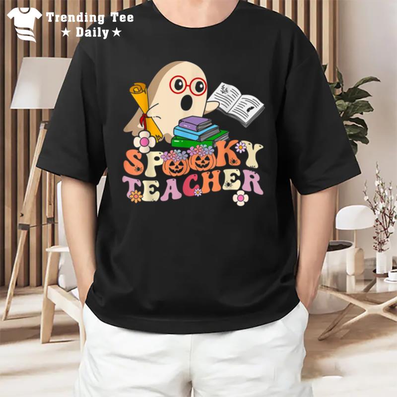 Spooky Teacher Groovy Retro Ghost Halloween Teacher T-Shirt