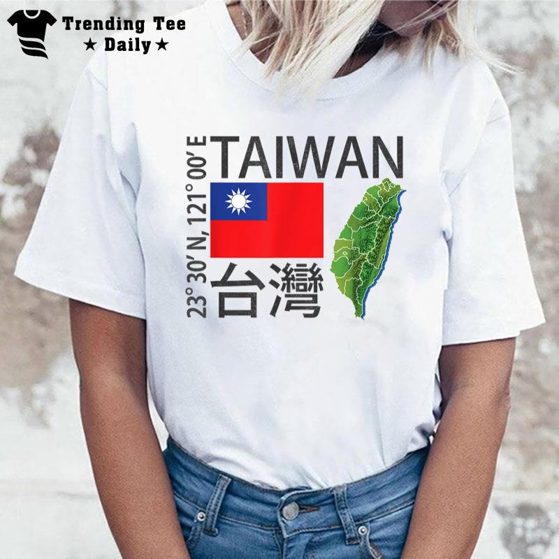 Taiwan Flag And Map Latitude Longitude T-Shirt