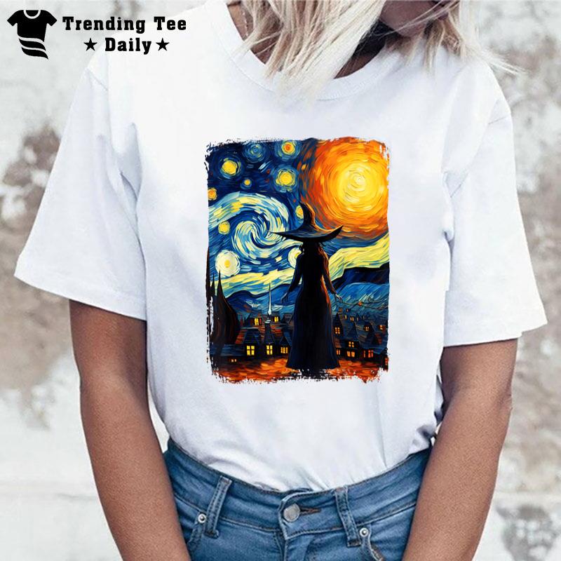 Witch Halloween Starry Night Van Gogh Aesthetic Painting T-Shirt