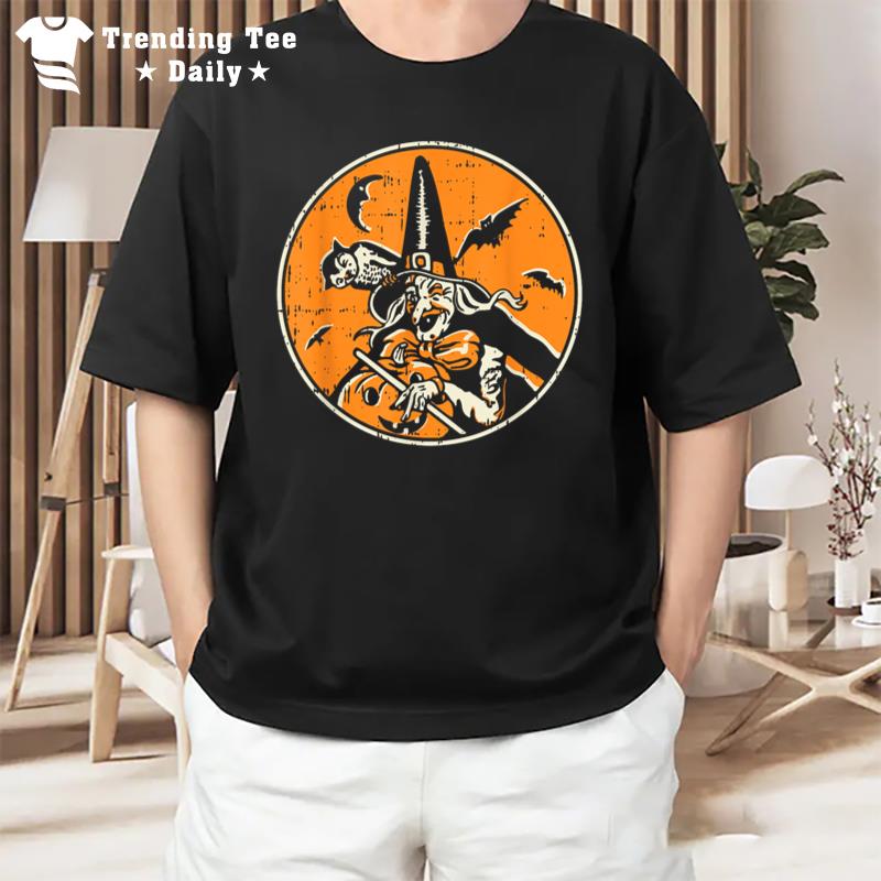 Witch Halloween Costume Spooky Retro Bat Pet Animal T-Shirt