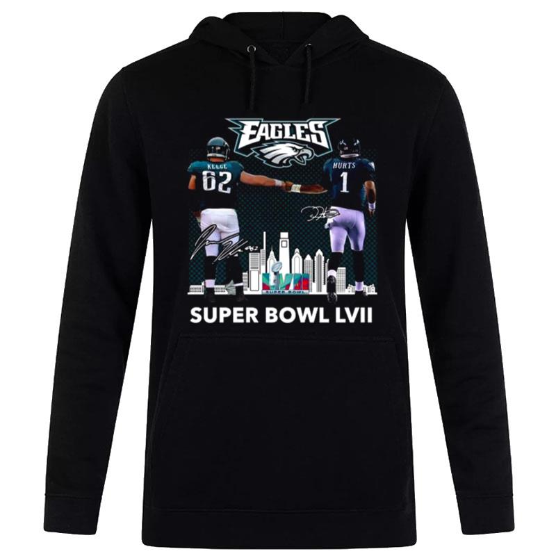 Super Bowl Lvii Jalen Hurts And Travis Kelce Philadelphia Eagles Skyline Signatures T-Shirt Hoodie
