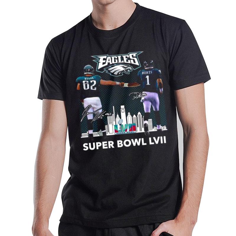 Super Bowl Lvii Jalen Hurts And Travis Kelce Philadelphia Eagles Skyline Signatures T-Shirt T-Shirt
