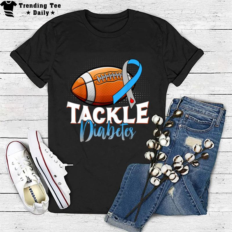 Tackle Type 1 Diabetes Awareness Football Blue & Grey Ribbon T-Shirt