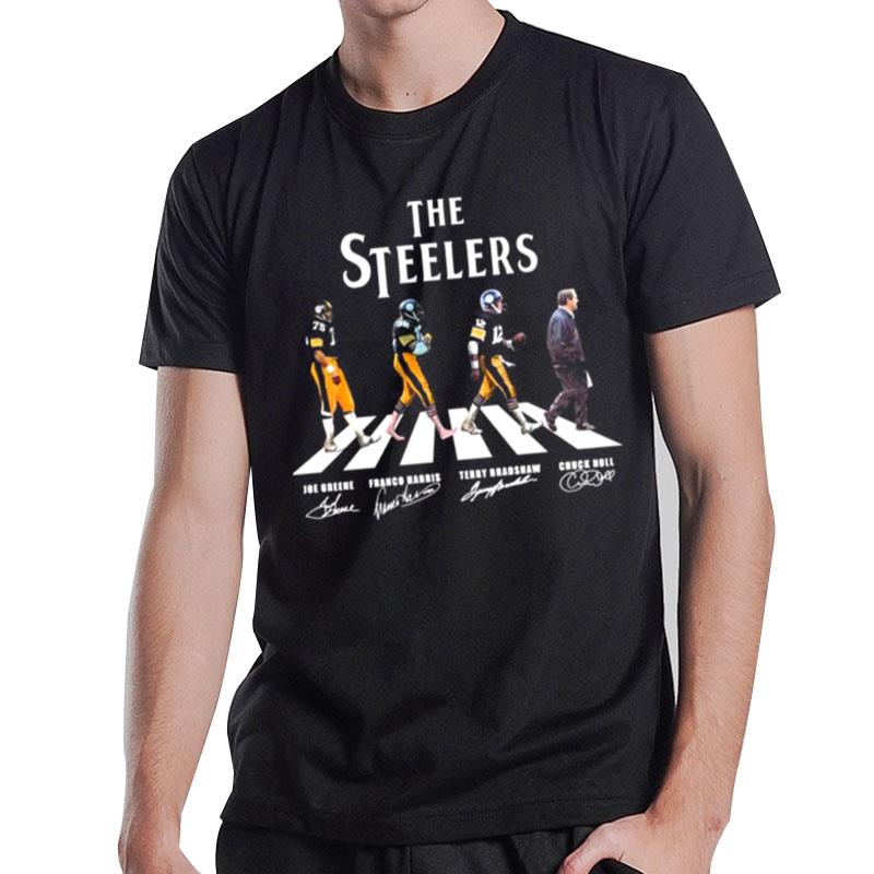 The Steelers Joe Greene Franco Harris Terry Bradshaw And Chuck Noll Abbey Road Signatures T-Shirt