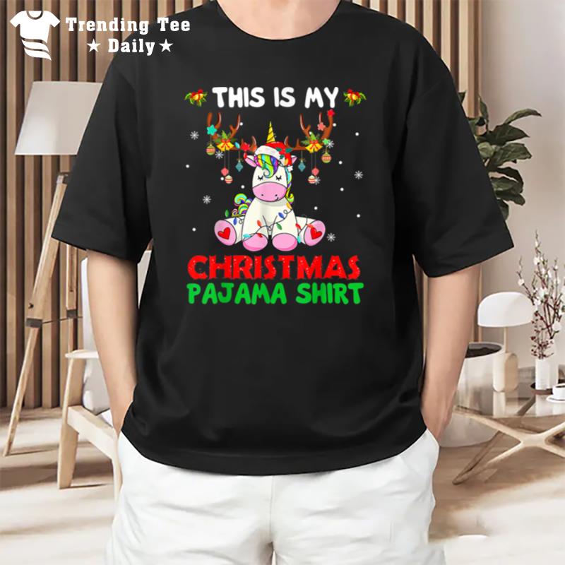 This Is My Christmas Pajama Unicorn Santa Hat Lights T-Shirt